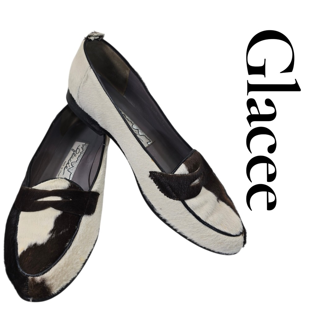Glacee Loafers 8.5‎ Brown Cream Pony Hair Cow Print Penny Flats Vintage Spain